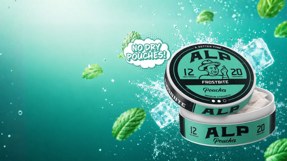 Two tins of ALP Frostbite nicotine pouches with mint leaves and ice