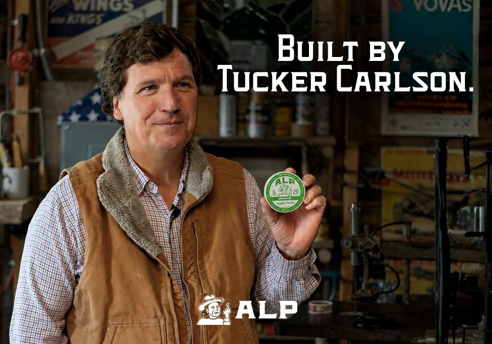 Tucker Carlson holding a tin of ALP nicotine pouches