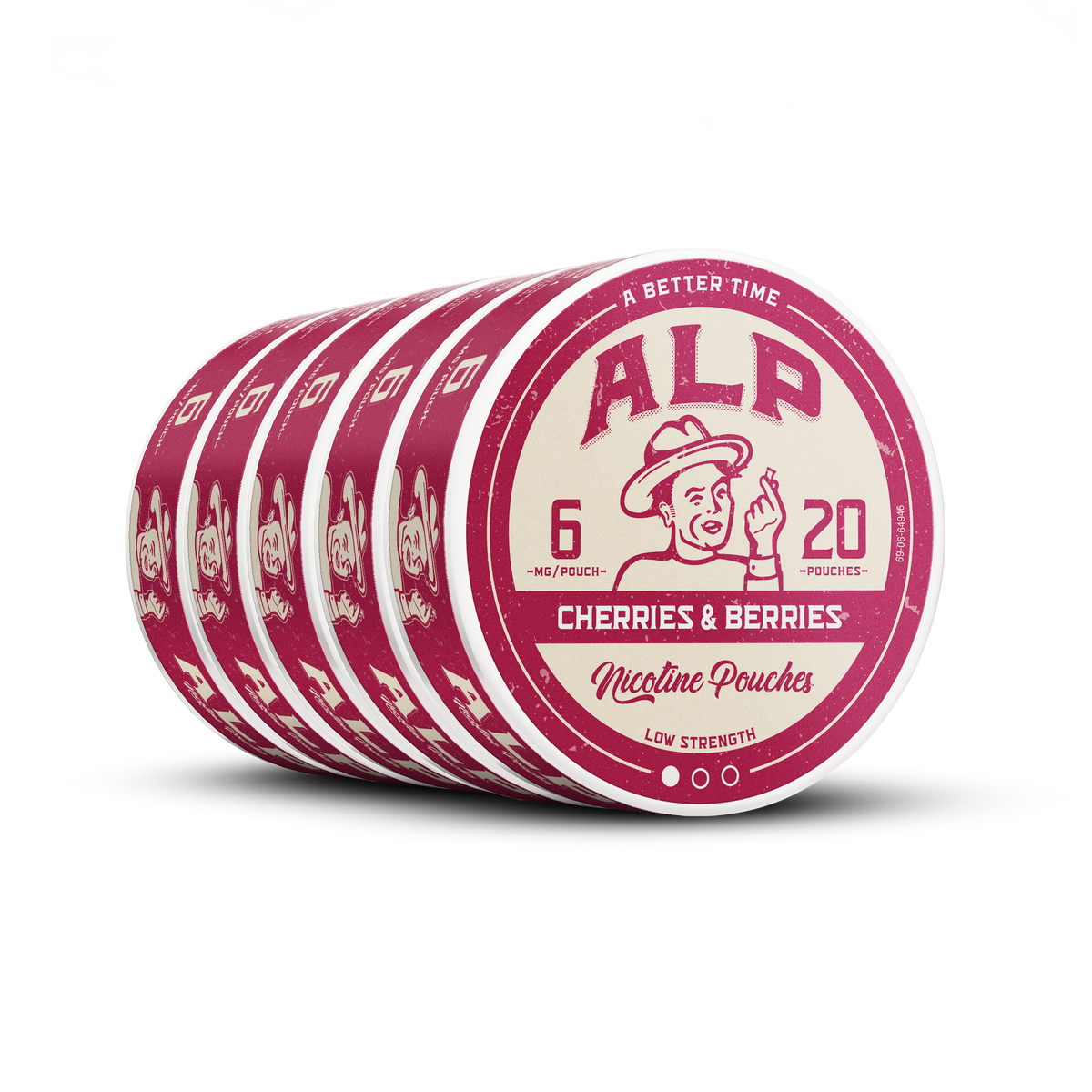 Five tins of ALP Cherries & Berries nicotine pouches
