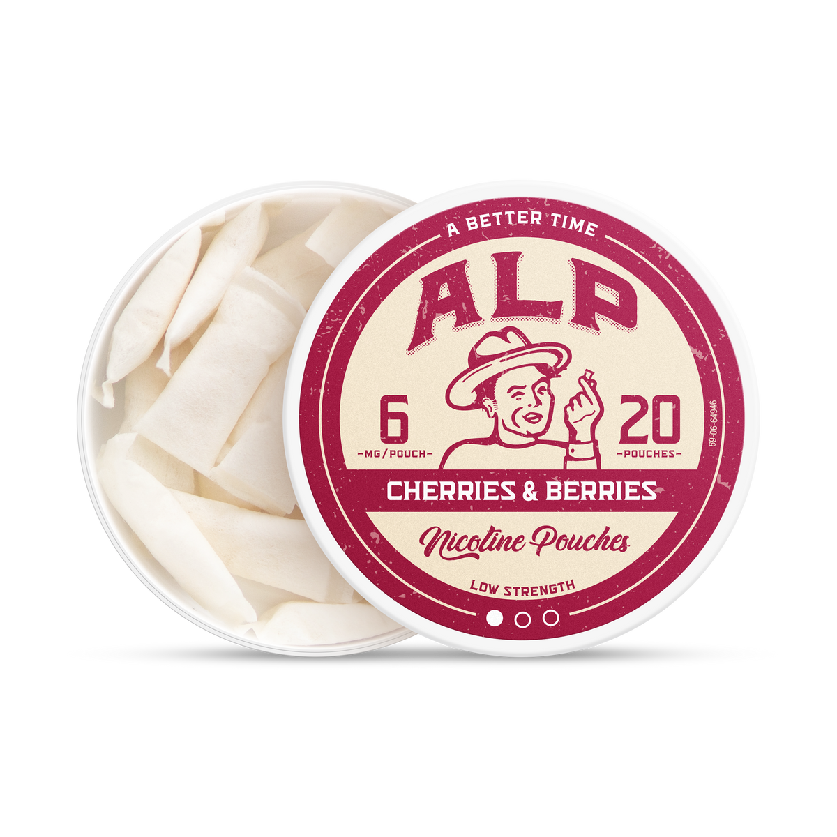 Open tin of ALP Cherries & Berries nicotine pouches, 6mg