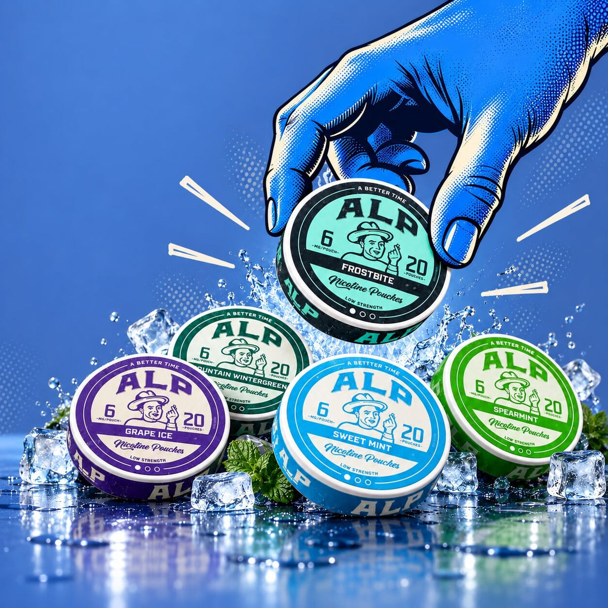 Tins of ALP nicotine pouches in Frostbite, Grape Ice, Mountain Wintergreen, Sweet Mint and Spearmint surrounded by ice cubes